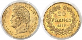 France Louis-Philippe Ier (1830-1848) 20 francs or - 1840 W Lille - Caducée. D’une qualité remarquable. Le plus bel exemplaire gradé. 6.45g - Fr. 562 ...