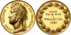 France Louis-Philippe Ier (1830-1848) Médaille en or - 1845 - U. Vatinelle. Médaille de récompense offerte par le roi à Mr Henri Duval en 1845. Poinço...