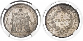 France IIème République (1848-1852) 5 francs Hercule - 1849 BB Strasbourg. D’une qualité hors norme pour cet atelier. 25.0g - KM 756.2 FDC Exceptionne...