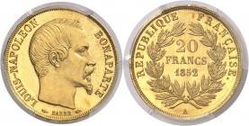 France IIème République (1848-1852) Epreuve sur flan bruni du 20 francs or - 1852 A Paris. Tranche inscrite. Probablement unique, les rares exemplaire...