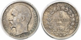 France IIème République (1848-1852) 5 francs - 1852 BB Strasbourg. Très rare. Nettoyé. 25.0g - KM 773.2 TTB à Superbe - PCGS XF Detail (polished)