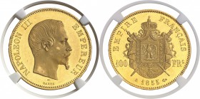 France Napoléon III (1852-1870) Epreuve du 100 francs or - 1855 A Paris. D’une insigne rareté - 2 exemplaires connus. D’aspect flan bruni ULTRA CAMEO....