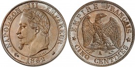 France Napoléon III (1852-1870) Epreuve sur flan bruni du 5 centimes - 1862 A Paris. Inédit - Unique ? 5.0g - Maz. manque Flan Bruni - NGC PF 66 BN