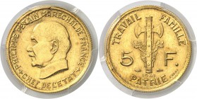France Etat Français (1940-1944) Essai en or du 5 francs Pétain - 2ème type - 1941 - Bazor. Tranche striée - Frappe monnaie. 10.39g - Maz. Manque Rari...