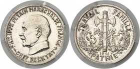 France Etat Français (1940-1944) Essai en argent du 5 francs Pétain - 1er type - 1941 - Bazor. Tranche striée - Frappe monnaie. Rarissime en argent. M...