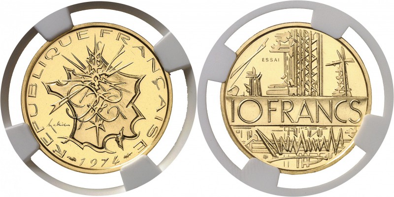 France Vème République (1959 à nos jours) Essai en or sur flan bruni du 10 franc...