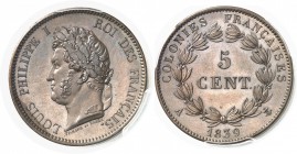 Guadeloupe Louis-Philippe Ier (1830-1848) - Colonies générales Epreuve sur flan bruni du 5 centimes en cuivre rouge - 1839 A Paris. Rarissime. 10.0g -...