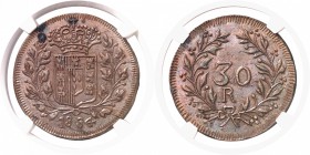 Indes Portugaises Marie II (1834-1853) Epreuve du 30 reis cuivre - 1834 Goa. Très rare et magnifique exemplaire. KM Pn7 Pratiquement FDC - NGC MS 63 B...