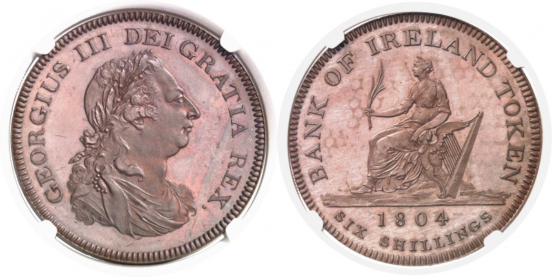 Irlande Georges III (1760-1820) Epreuve sur flan bruni en cuivre bronzé du 6 shi...