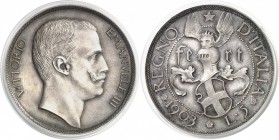 Italie Victor Emmanuel III (1900-1946) Epreuve en argent du 5 lires - 1903 Milan. D’une grande rareté - Quelques exemplaires connus. Le plus bel exemp...