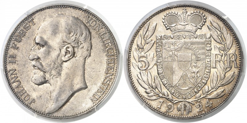 Liechtenstein Jean II (1858-1929) 5 francs - 1924. Type rare. 25.0g - KM 10 Supe...