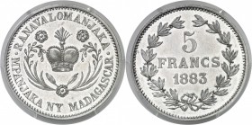 Madagascar Ranavalona III (1883-1897) Epreuve en aluminium du 5 francs - 2ème type - 1883. Tranche lisse - Frappe médaille. D’une grande rareté. Lec. ...