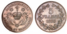 Madagascar Ranavalona III (1883-1897) Epreuve en bronze du 5 francs - 3ème type - 1883. Tranche lisse - Frappe monnaie. D’une grande rareté. Lec. 21 F...