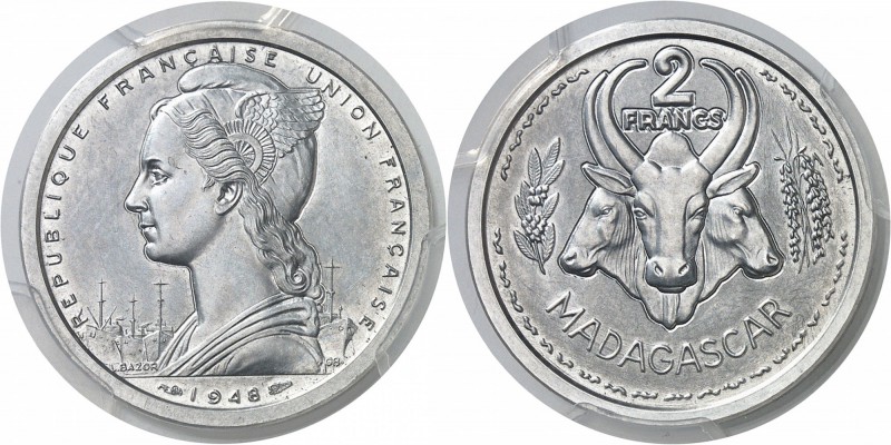 Madagascar Pré-série du 2 francs aluminium - 1948. La signature du graveur Bazor...