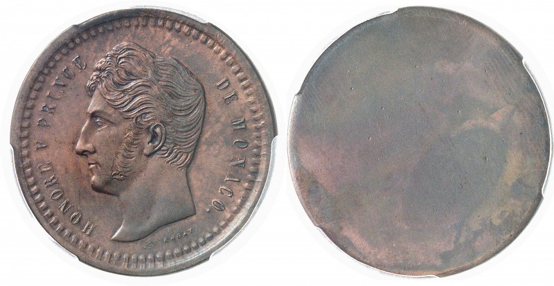 Monaco Honoré V (1819-1841) Epreuve uniface en bronze de l’avers du décime - 183...