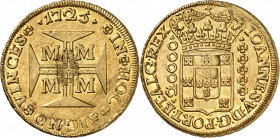 Portugal Marie II (1834-1853) 30000 reis or contremarqué aux armes du Portugal, suite au décret du 21 juillet 1847, sur un 20000 reis du Brésil de 172...