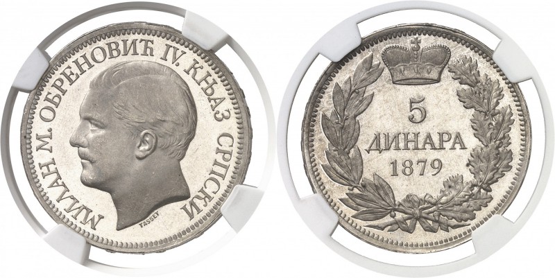 Serbie Obrenovich IV (1868-1889) Epreuve sur flan bruni du 5 dinara - 1879. Rari...