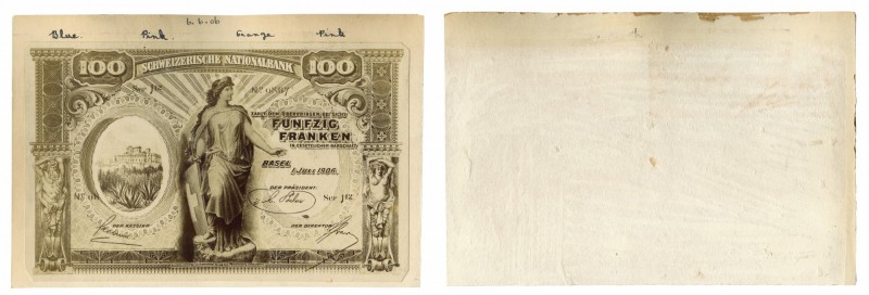 Suisse Canton de Bâle Epreuve photographique uniface du recto du 100 francs / 50...