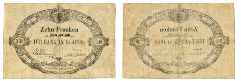 Suisse Canton de Glarus 10 francs - 1 octobre 1852 - N°562 Série b Daté du 29.1....