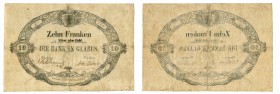 Suisse Canton de Glarus 10 francs - 1 octobre 1852 - N°562 Série b Daté du 29.1.51 Surcharge : Silber oder Gold Inédit et probablement unique. Restaur...