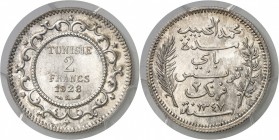 Tunisie Mohamed El Habib (1340-1348 AH / 1922-1929) Epreuve en laiton argenté du 2 francs argent - 1928 A Paris. Frappe médaille - Tranche striée. D’u...