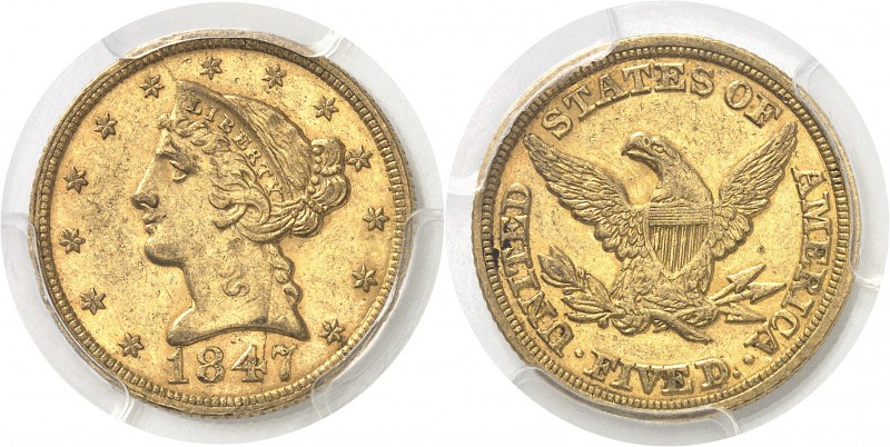 USA République fédérale (1789 à nos jours) 5 dollars or - 1847 Philadelphie. 8.3...