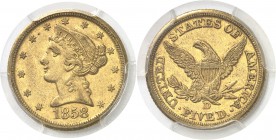 USA République fédérale (1789 à nos jours) 5 dollars or - 1858 D Dahlonega. 8.36g - Fr. 140 Superbe - PCGS AU 55