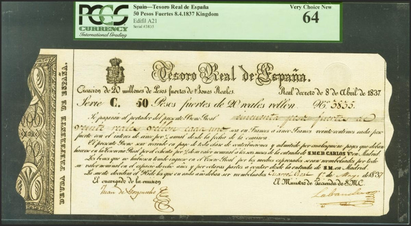 50 Pesos Fuertes de 20 Reales de Vellón. Tesoro Real de España. 8 de Abril de 18...