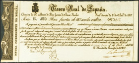 100 Pesos Fuertes de 20 Reales de Vellón. Tesoro Real de España. 8 de Abril de 1837. Serie B. (Edifil 2021: 22). Raro, especialmente en esta excepcion...