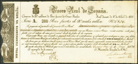 200 Pesos Fuertes de 20 Reales de Vellón. Tesoro Real de España. 8 de Abril de 1837. Serie A. (Edifil 2021: 23). Raro, especialmente en esta excepcion...