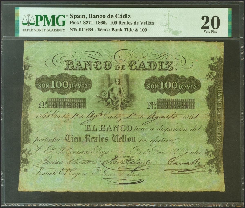 BANCO DE CADIZ. Emisión I. 100 Reales. 1 de Agosto de 1861 (fechado a mano). Cua...