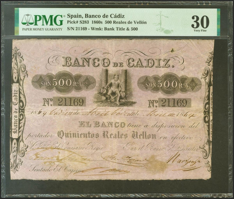 BANCO DE CADIZ. Emisión I. 500 Reales. 11 de Abril de 1864 (fechado a mano). Cua...