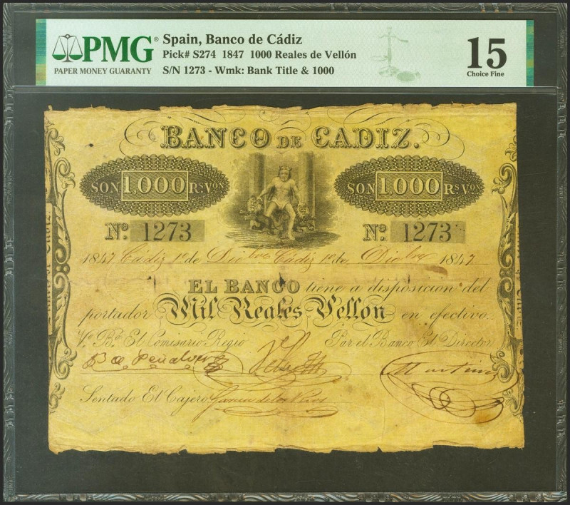BANCO DE CADIZ. Emisión I. 1000 Reales. 1 de Diciembre de 1847 (fechado a mano)....