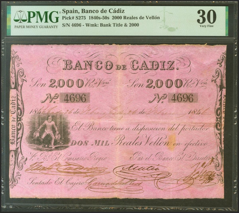 BANCO DE CADIZ. Emisión I. 2000 Reales. 26 de Febrero de 1856 (fechado a mano). ...