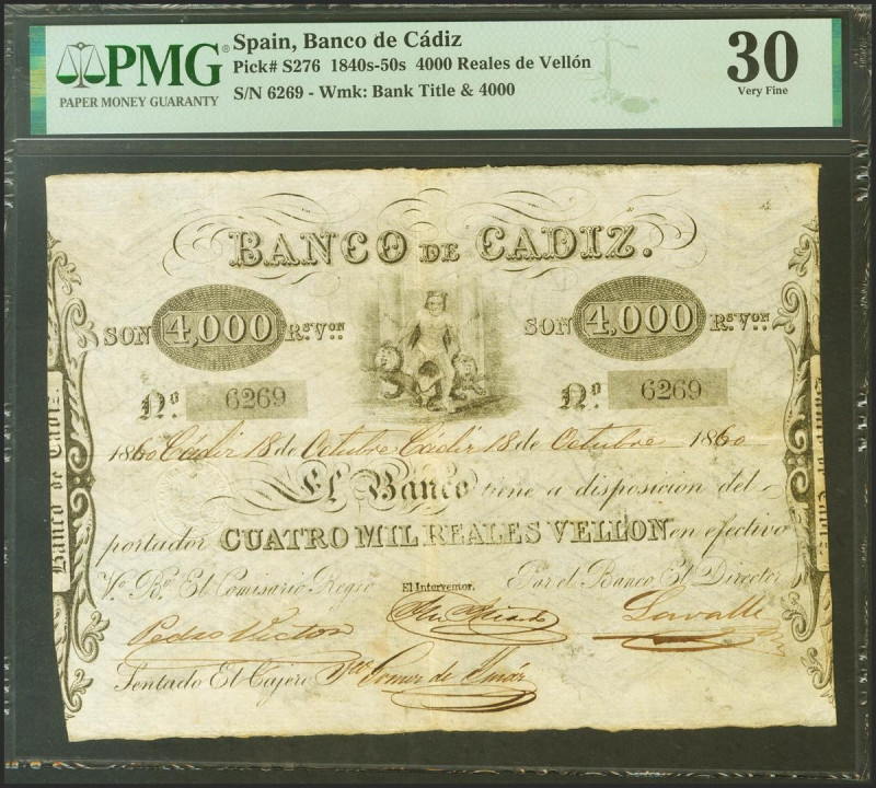 BANCO DE CADIZ. Emisión I. 4000 Reales. 18 de Octubre de 1860 (fechado a mano). ...