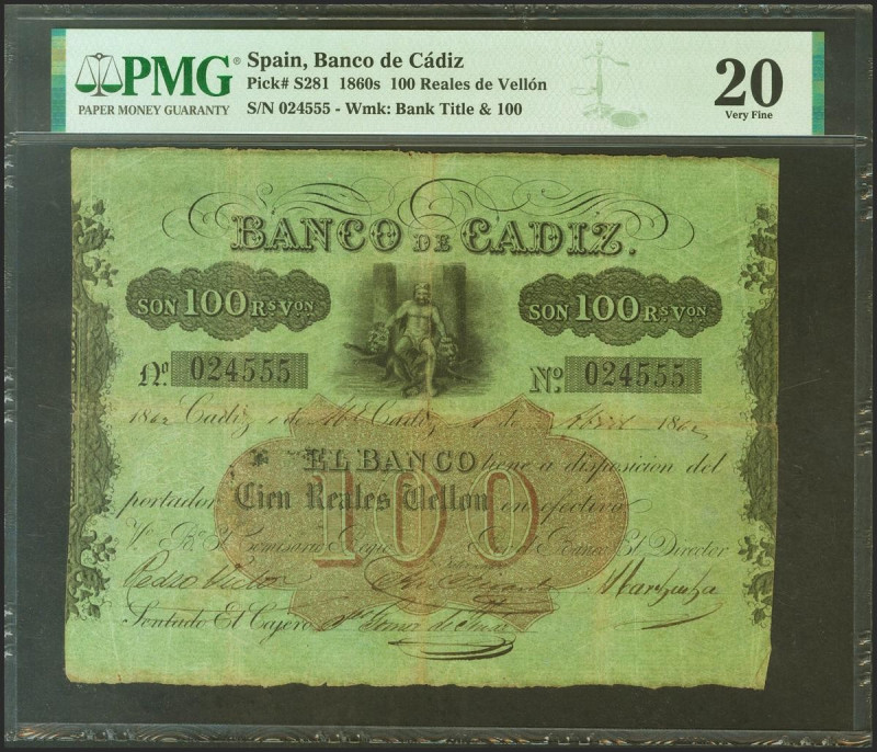 BANCO DE CADIZ. Emisión II. 100 Reales. 1 de Abril 1864 (fechado a mano). Cuatro...