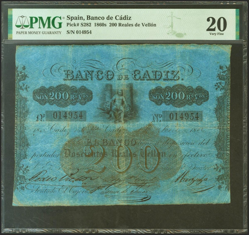 BANCO DE CADIZ. Emisión II. 200 Reales. 1 de Abril 1862 (fechado a mano). Cuatro...