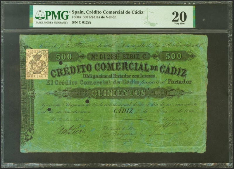 CREDITO COMERCIAL DE CADIZ. 500 Reales. 9 de Enero de 1865. Serie C y cuatro peq...