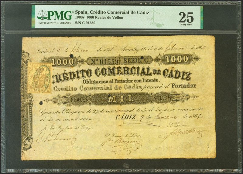 CREDITO COMERCIAL DE CADIZ. 1000 Reales. 9 de Enero de 1865. Serie C y tres pequ...