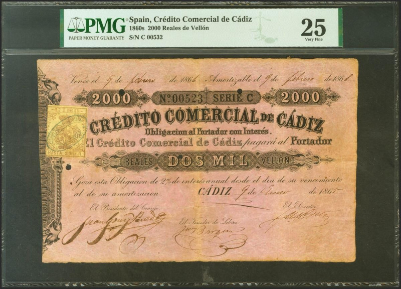 CREDITO COMERCIAL DE CADIZ. 2000 Reales. 9 de Enero de 1865. Serie C y cuatro pe...
