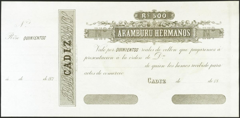 500 Reales de Vellón. (187_ca). Aramburu Hermanos, Cádiz (matriz a la izquierda)...
