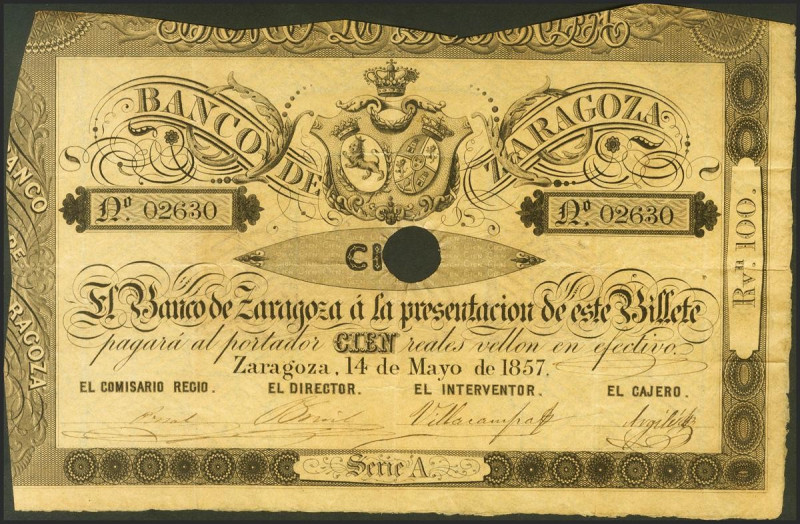 100 Reales. 14 de Mayo de 1857. Banco de Zaragoza. Serie A, con taladro y con fi...
