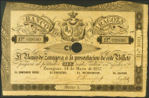 100 Reales. 14 de Mayo de 1857. Banco de Zaragoza. Serie A, con taladro y con firmas. (Edifil 2021: 126A). Inusual. MBC+.