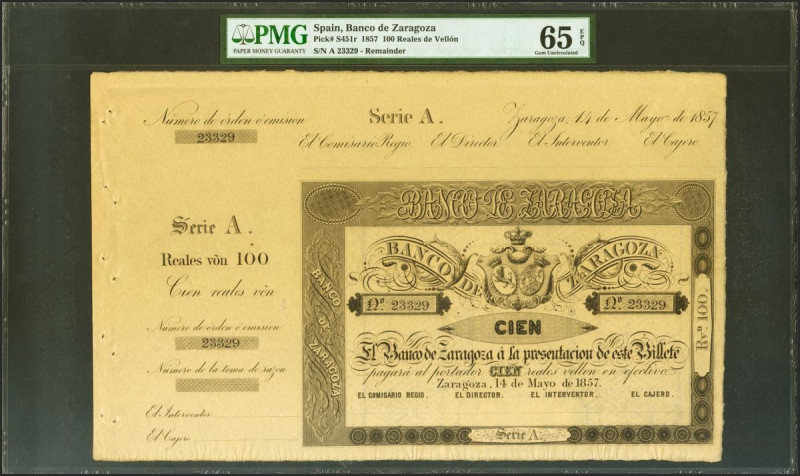 100 Reales. 14 de Mayo de 1857. Banco de Zaragoza. Serie A y con matriz. (Edifil...