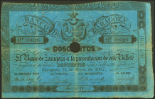 200 Reales. 14 de Mayo de 1857. Banco de Zaragoza. Serie B. Con taladro y con firmas. (Edifil 2021: 127A). Inusual, puntitos de grapas. MBC.