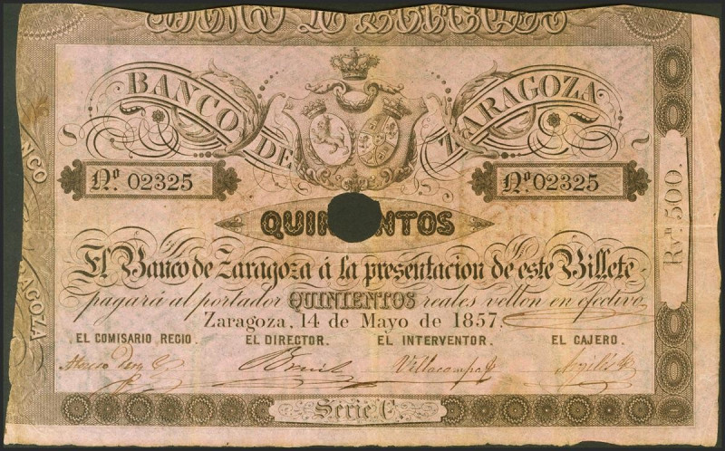 500 Reales. 14 de Mayo de 1857. Banco de Zaragoza. Serie C, con taladro y con fi...