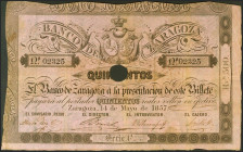 500 Reales. 14 de Mayo de 1857. Banco de Zaragoza. Serie C, con taladro y con firmas. (Edifil 2021: 128A). Inusual. MBC+.