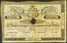 1000 Reales. 14 de Mayo de 1857. Banco de Zaragoza. Serie D. Con taladro y con firmas. (Edifil 2021: 129A). Inusual. MBC+.