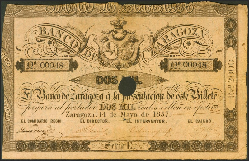 2000 Reales. 14 de Mayo de 1857. Banco de Zaragoza. Serie E. Con taladro, con fi...