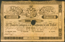 2000 Reales. 14 de Mayo de 1857. Banco de Zaragoza. Serie E. Con taladro, con firmas y numeración bajísima. (Edifil 2021: 130A). Raro. MBC+.